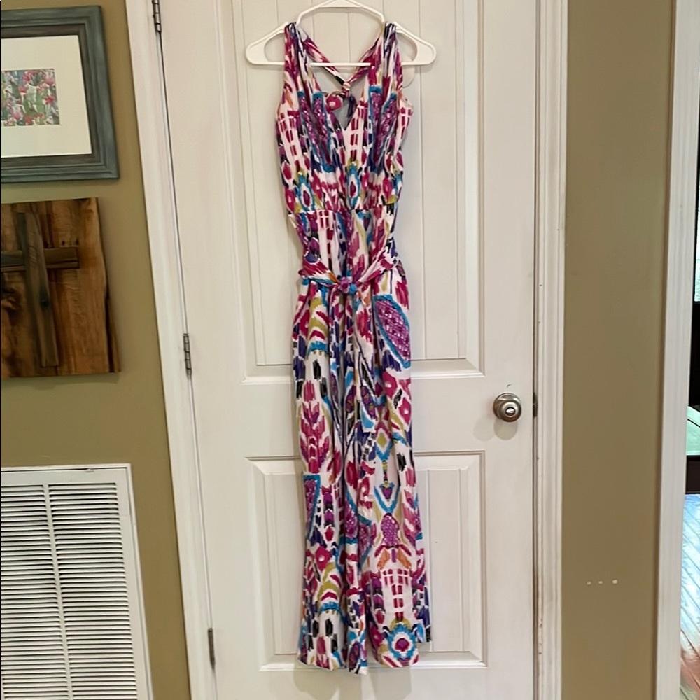 Milk and Honey large colorful jumpsuit with open back and tie at the neck NWT